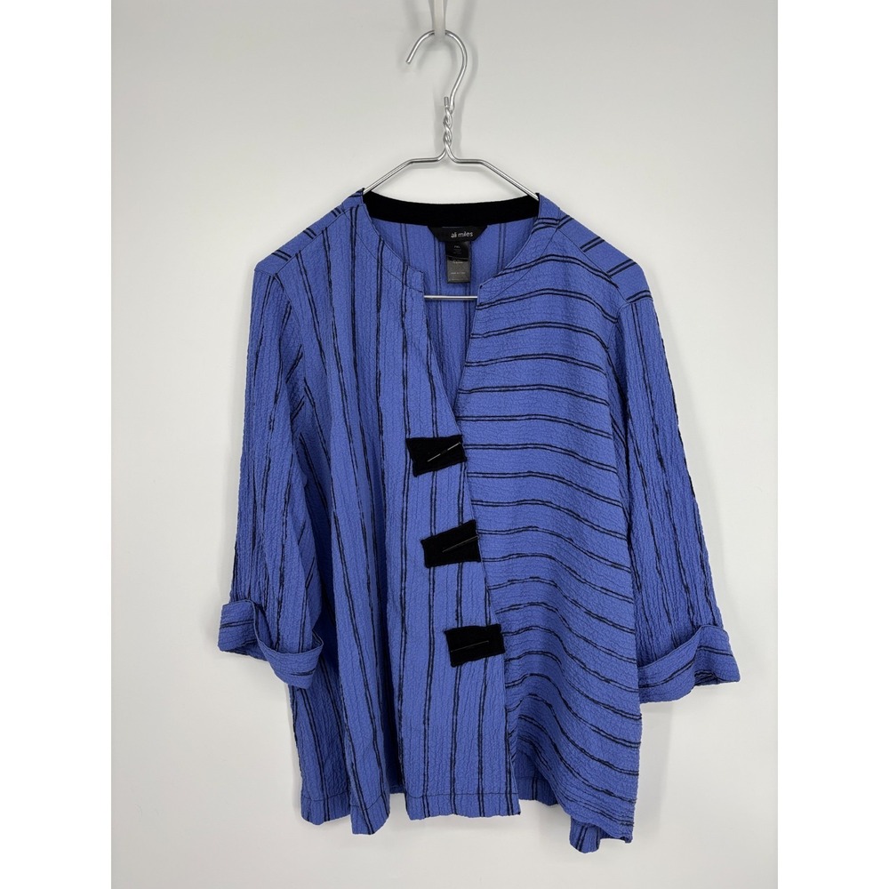 Ali Miles Blouse Petite PXL Blue Striped Button Up Crinkle Artsy Bright